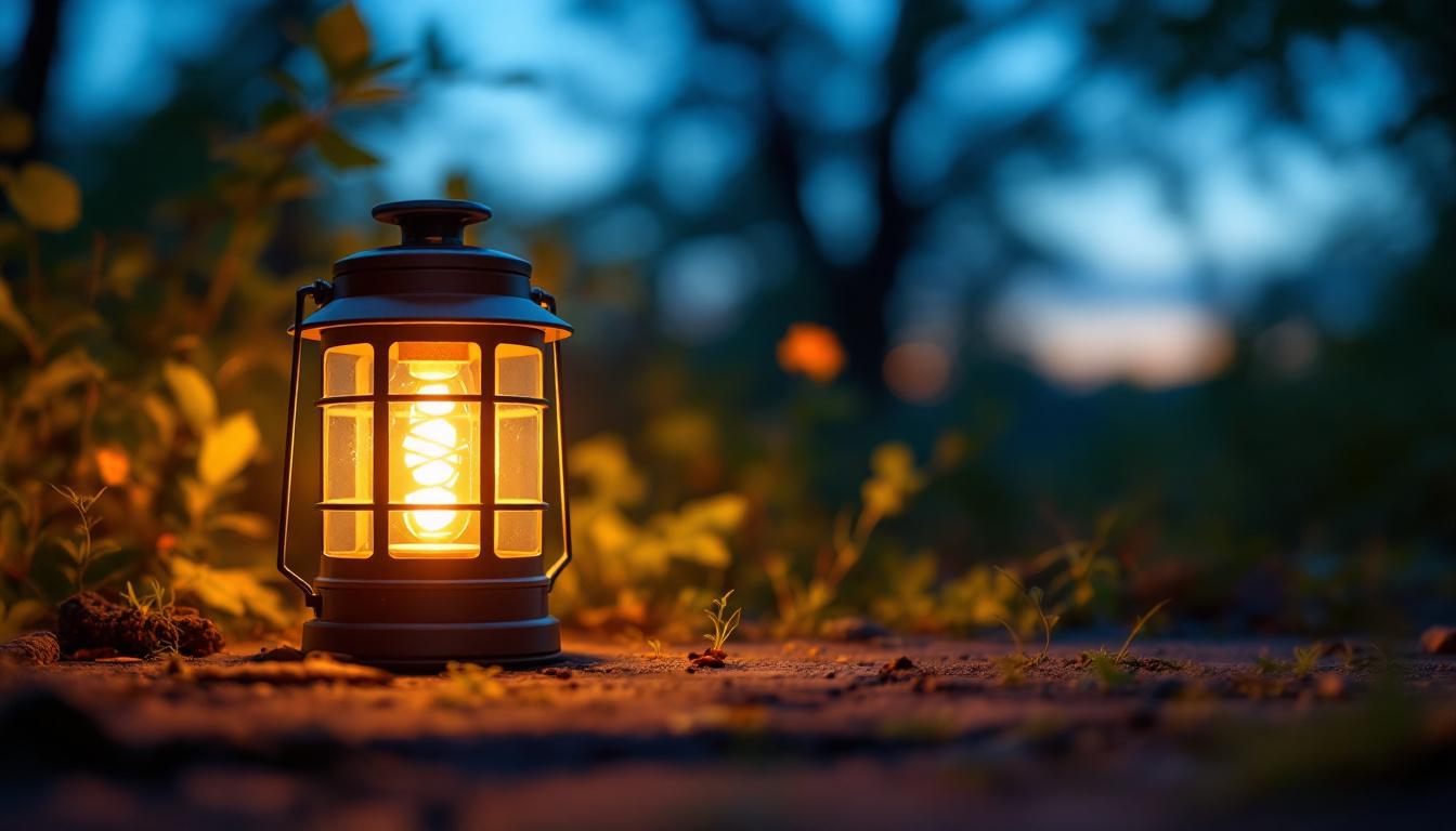 A photograph of a solar power lantern illuminating a serene outdoor setting at dusk