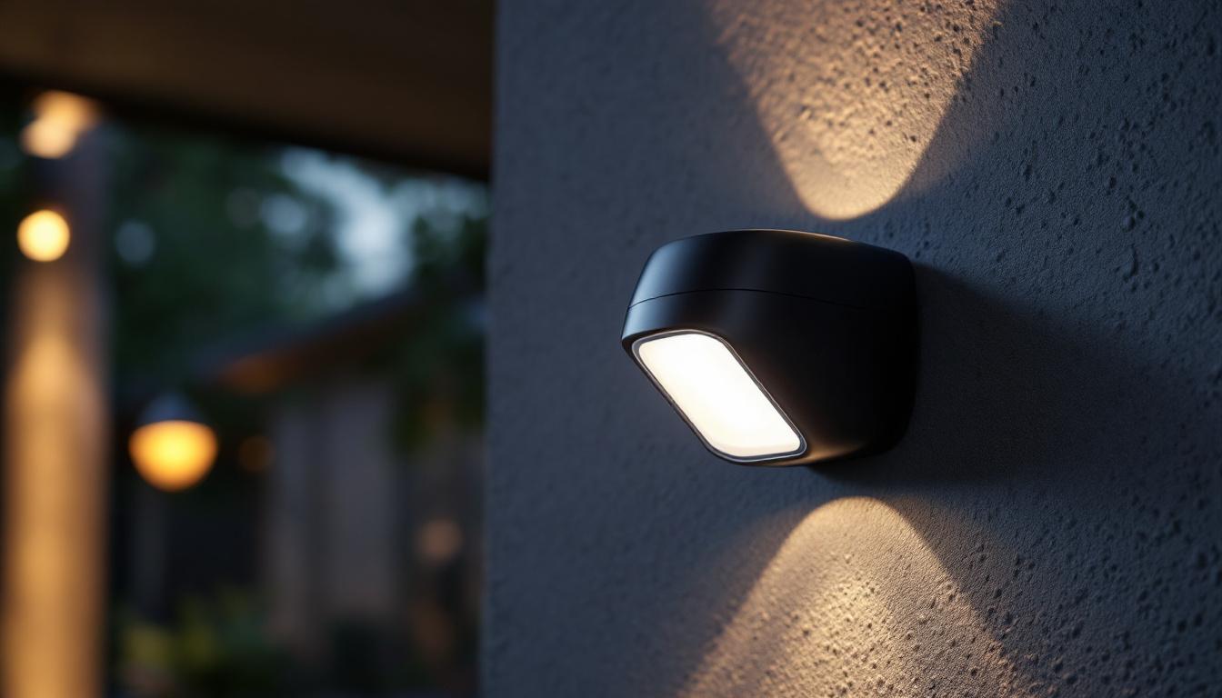 A photograph of a sleek black motion detector light mounted on a modern exterior wall