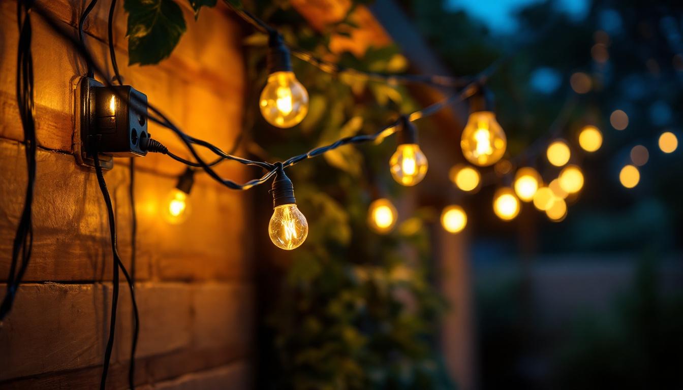 A photograph of a beautifully illuminated outdoor patio adorned with string lights
