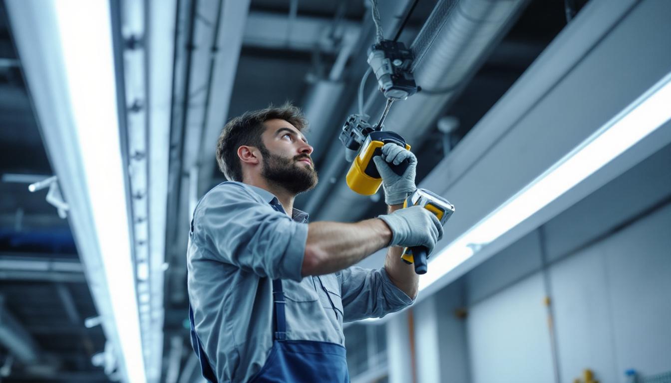 A photograph of a technician expertly installing a ballast for fluorescent lighting in a well-lit workspace