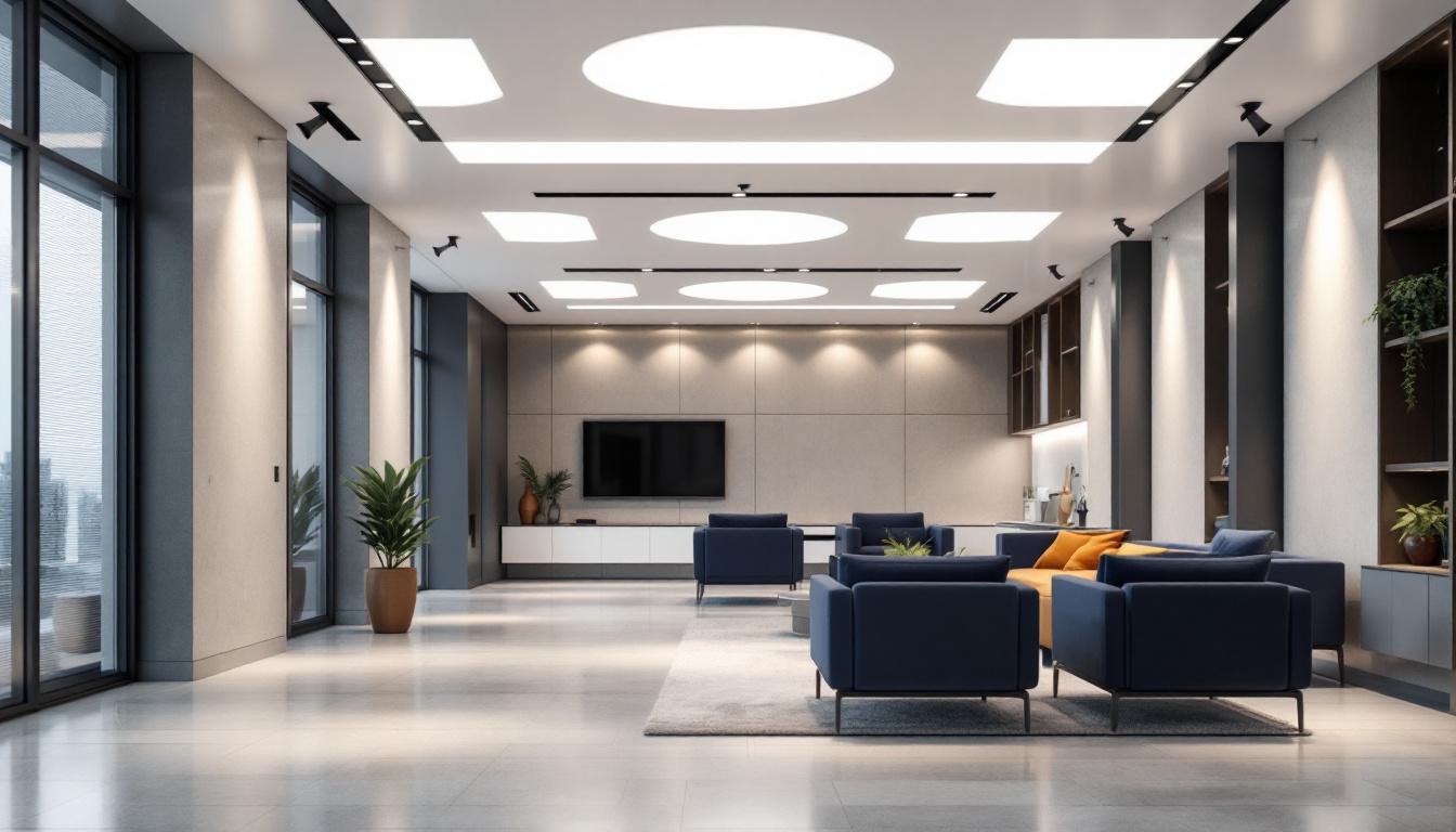 A photograph of a modern interior space showcasing bright recessed lighting