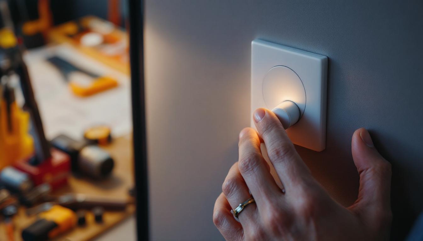 A photograph of a close-up of an electrical engineer's hands adjusting a modern led-compatible dimmer switch
