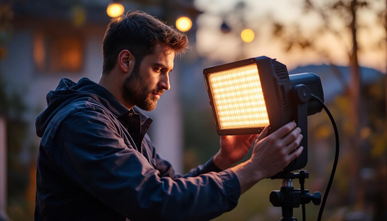A photograph of a lighting engineer adjusting a 3000 lumen flood light in an outdoor setting