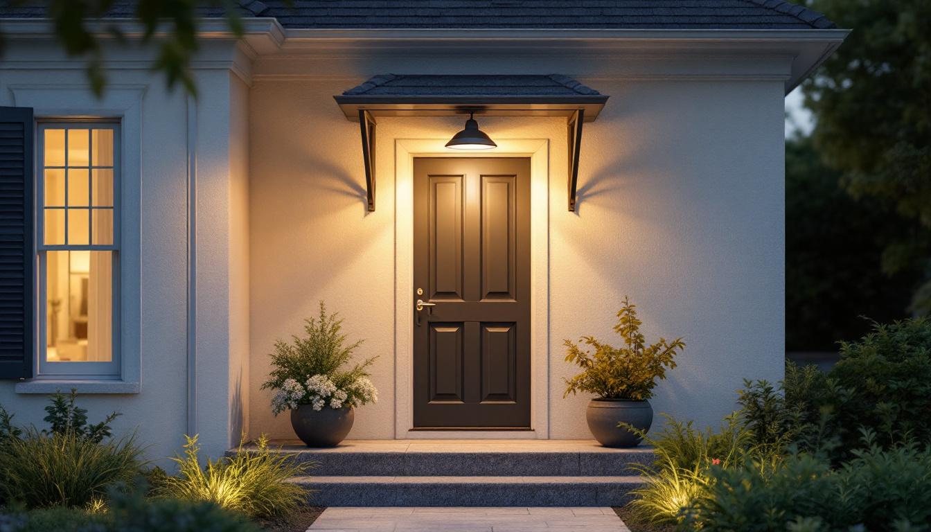 A photograph of a beautifully designed exterior coach light illuminating a charming entryway