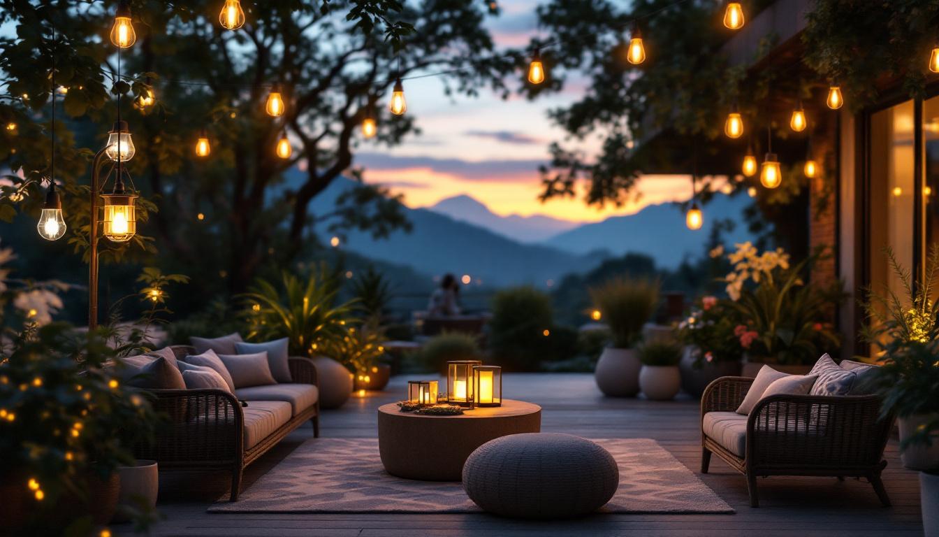 A photograph of a beautifully illuminated outdoor space featuring a variety of stylish and affordable lighting fixtures