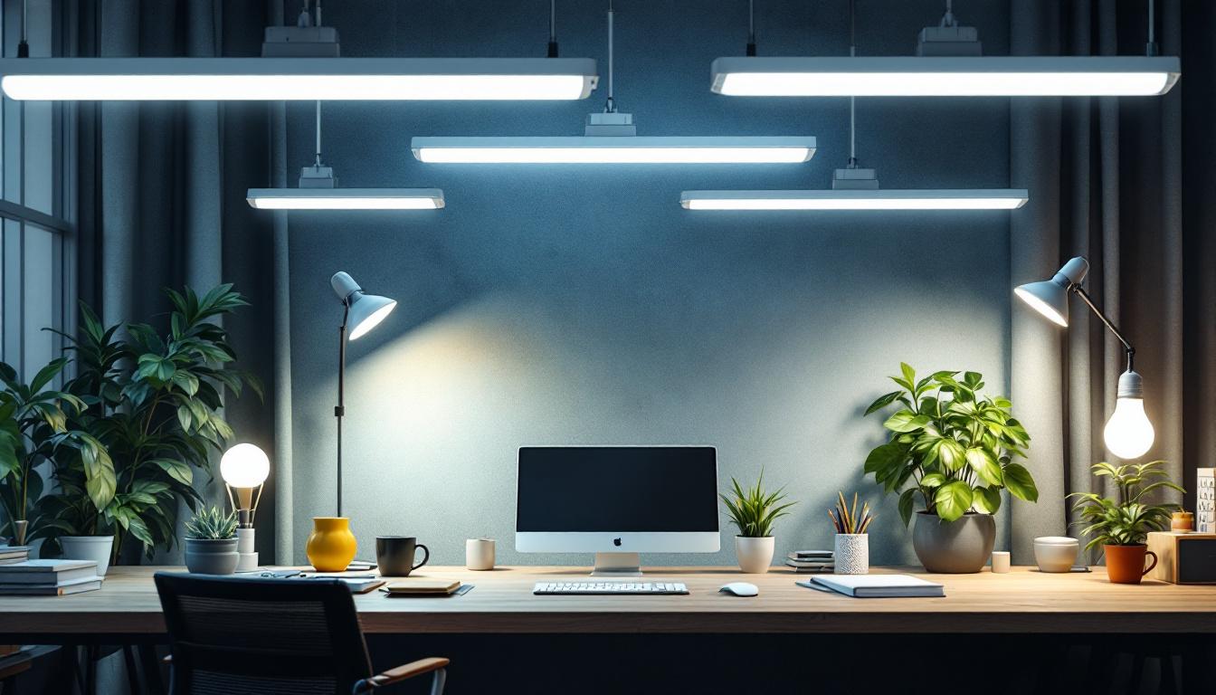 A photograph of a well-lit workspace featuring various types of fluorescent lamps in use