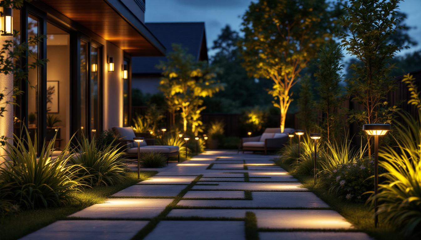 A photograph of a well-designed outdoor space illuminated by various styles of wholesale solar lights