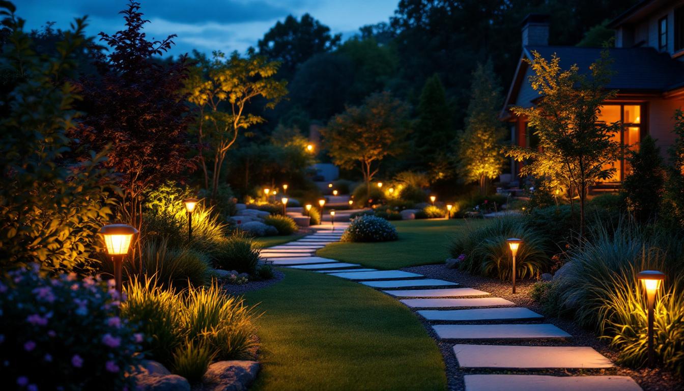 A photograph of a beautifully landscaped garden at dusk