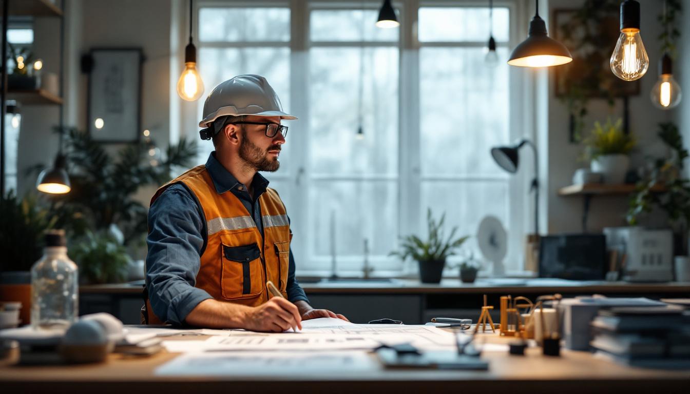A photograph of a skilled electrical engineer analyzing lighting designs in a modern workspace