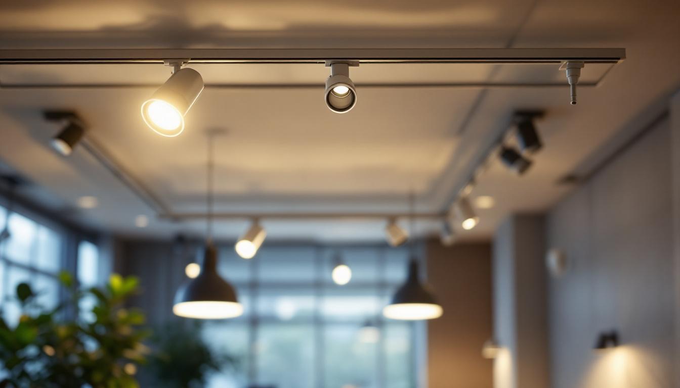 A photograph of a well-lit room featuring ceiling led track lights in action
