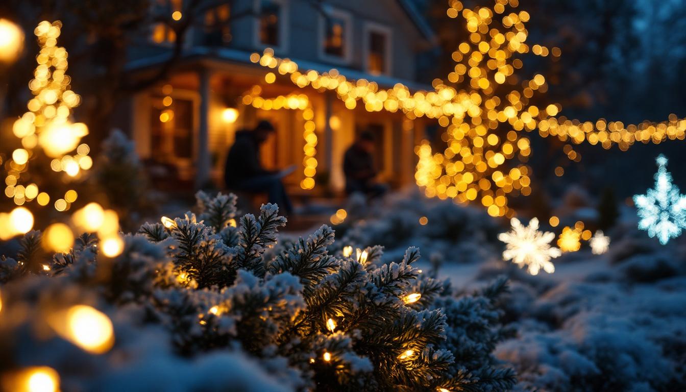 A photograph of a beautifully arranged display of made in america christmas lights illuminating a festive outdoor scene