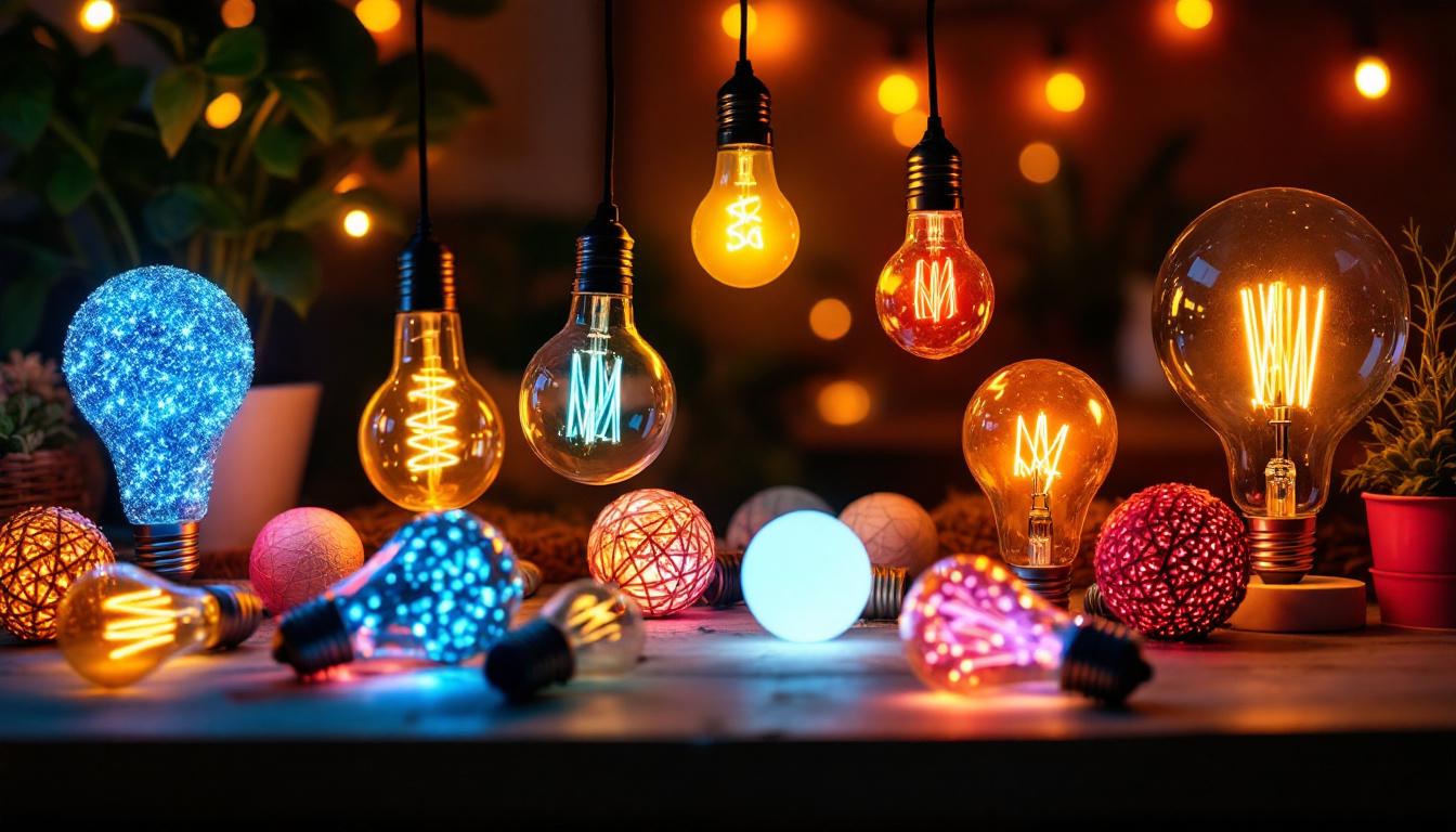A photograph of a beautifully arranged scene featuring a variety of decorative led bulbs in different shapes and colors