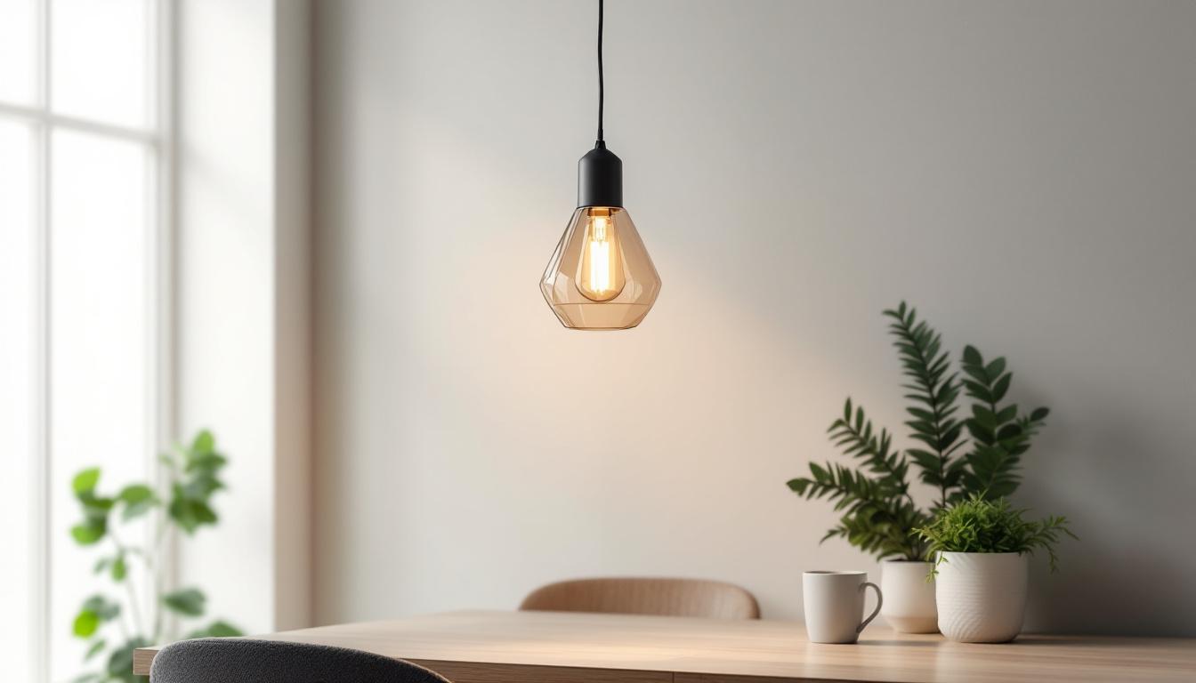 A photograph of a stylish lightweight hanging lamp in a well-lit room