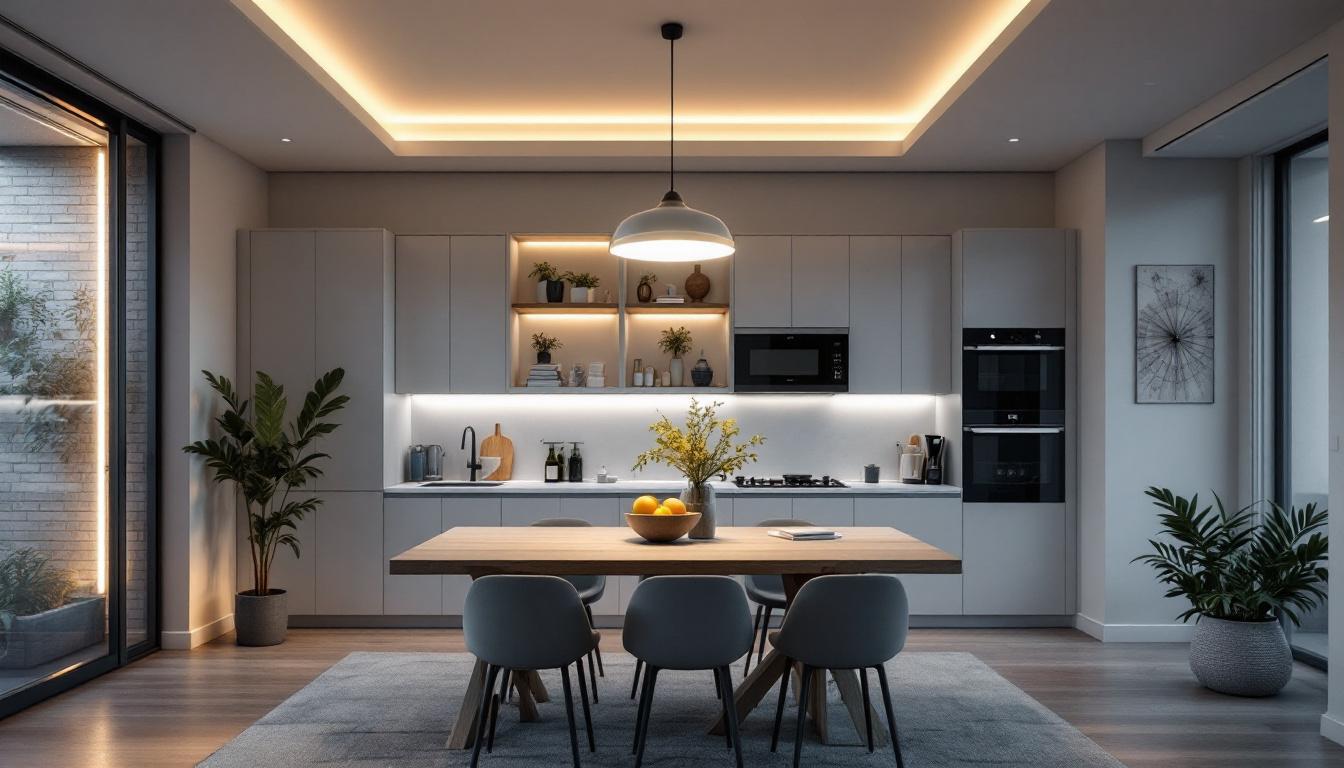A photograph of a modern lighting installation in a residential or commercial space that showcases leviton products