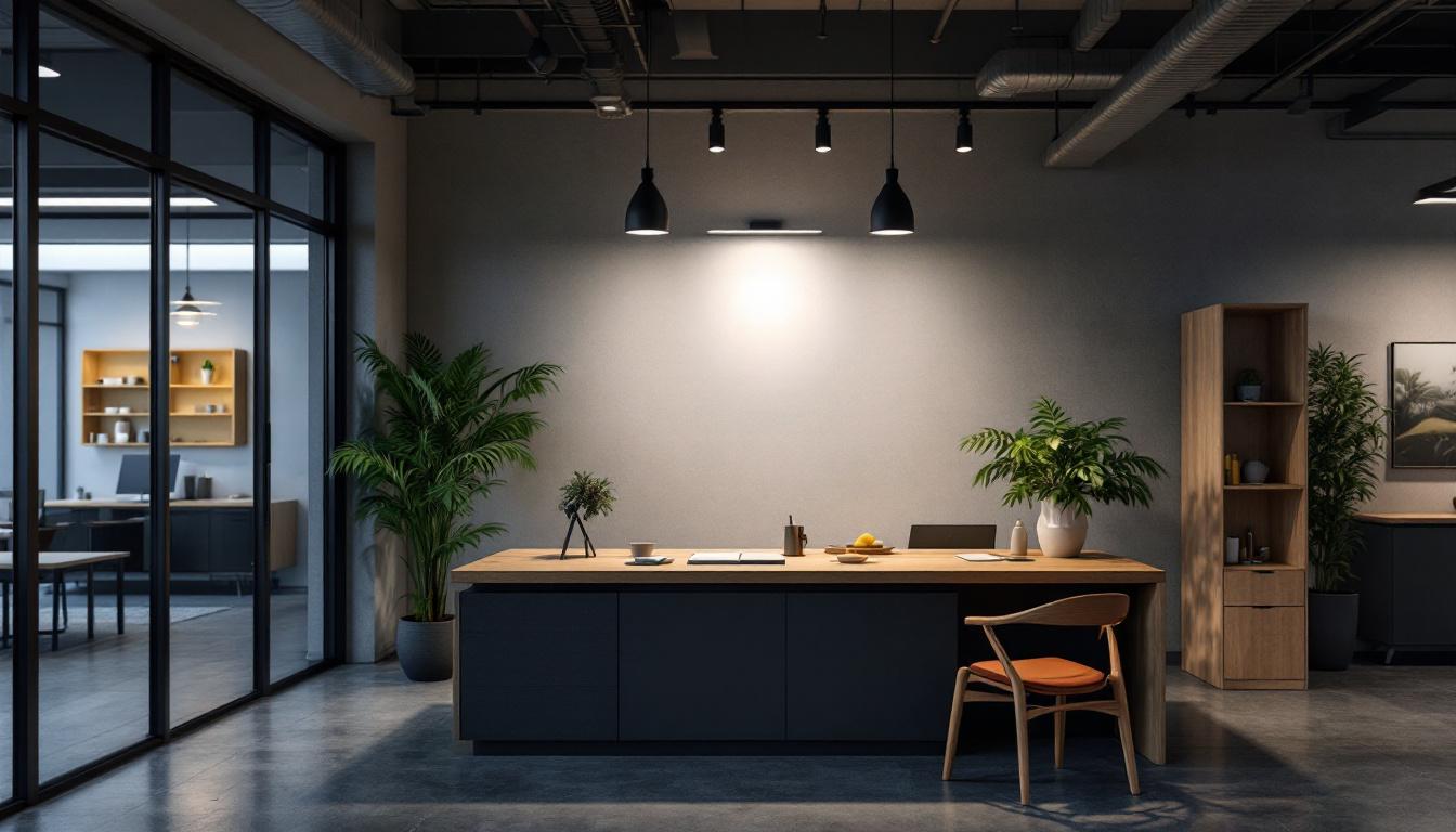 A photograph of a sleek 2x4 led surface mount light installed in a modern workspace