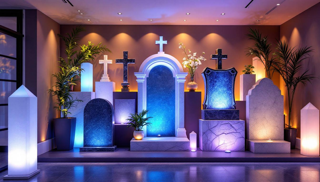 A photograph of a beautifully designed lighting installation featuring various tombstone types