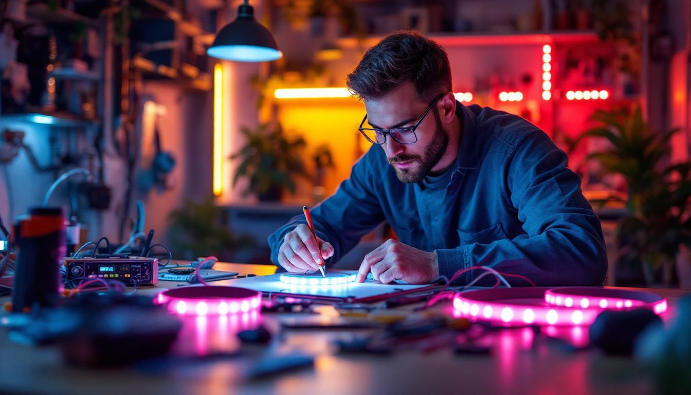 A photograph of an electrical engineer working on a project that involves extending led strip lights