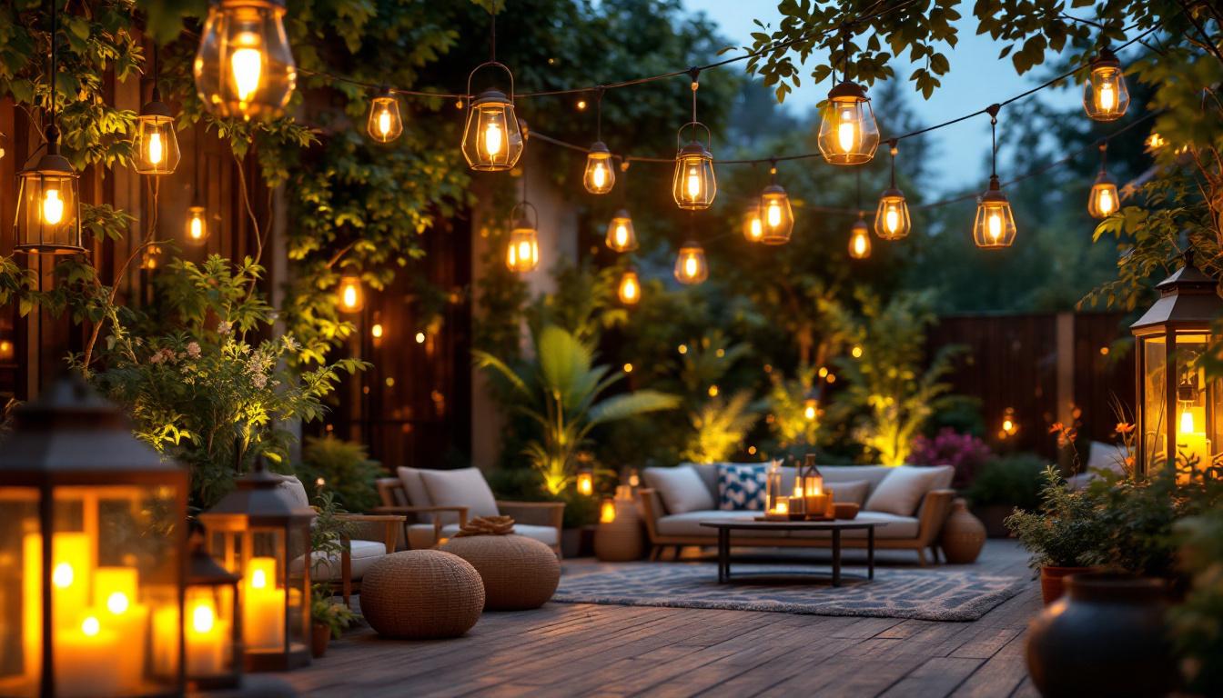 A photograph of a beautifully arranged outdoor garden scene at dusk