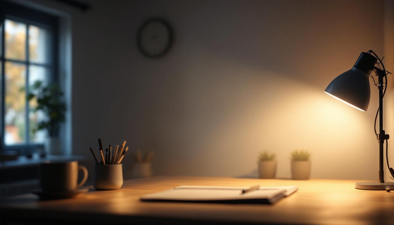 A photograph of a dimly lit workspace featuring a variety of lighting fixtures