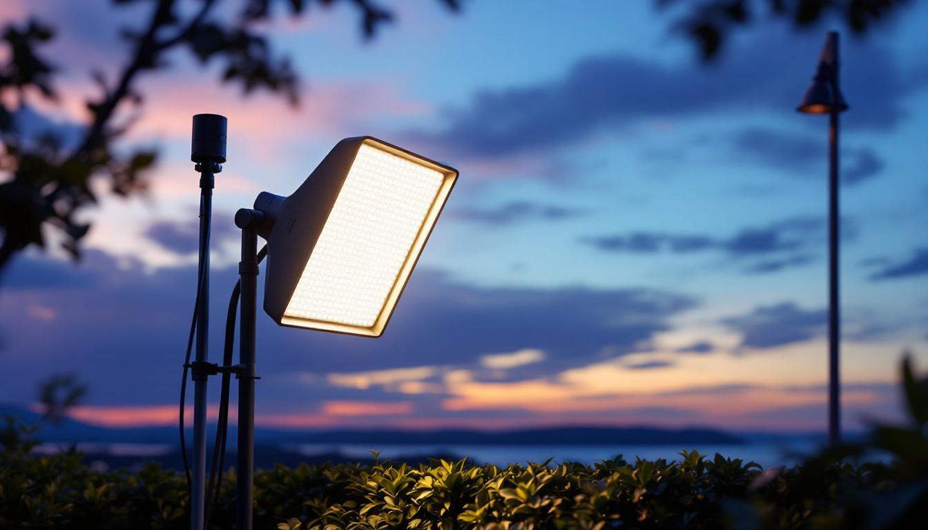 A photograph of a modern outdoor lighting setup featuring innovative light shields that enhance illumination while minimizing light pollution