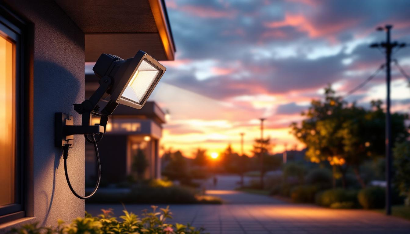A photograph of a single flood light mounted in a dynamic outdoor setting at dusk