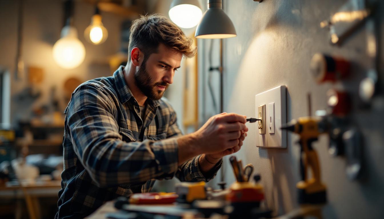 A photograph of a lighting engineer at work