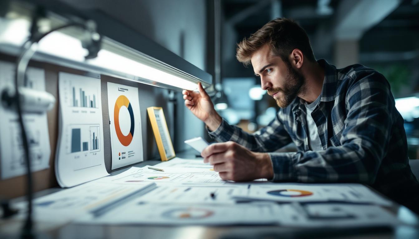 A photograph of a well-lit engineering workspace featuring a close-up of an engineer examining a ballast fluorescent light fixture