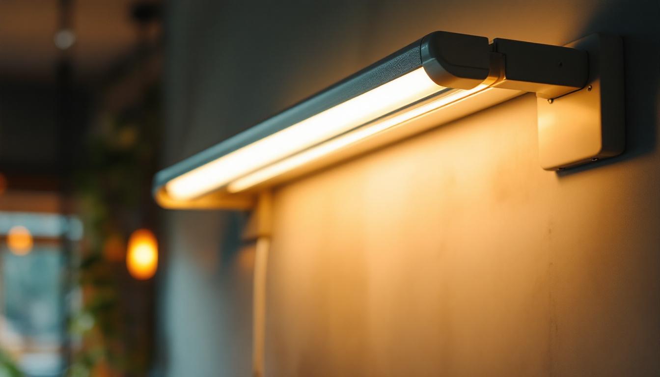 A photograph of a vintage-style fluorescent light fixture illuminated in a cozy indoor setting