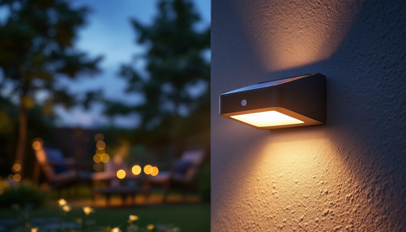 A photograph of a beautifully designed solar motion outdoor light installed in a serene garden setting at dusk
