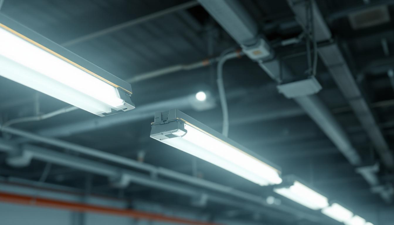 A photograph of a large-scale lighting installation featuring led lights retrofitted into fluorescent fixtures