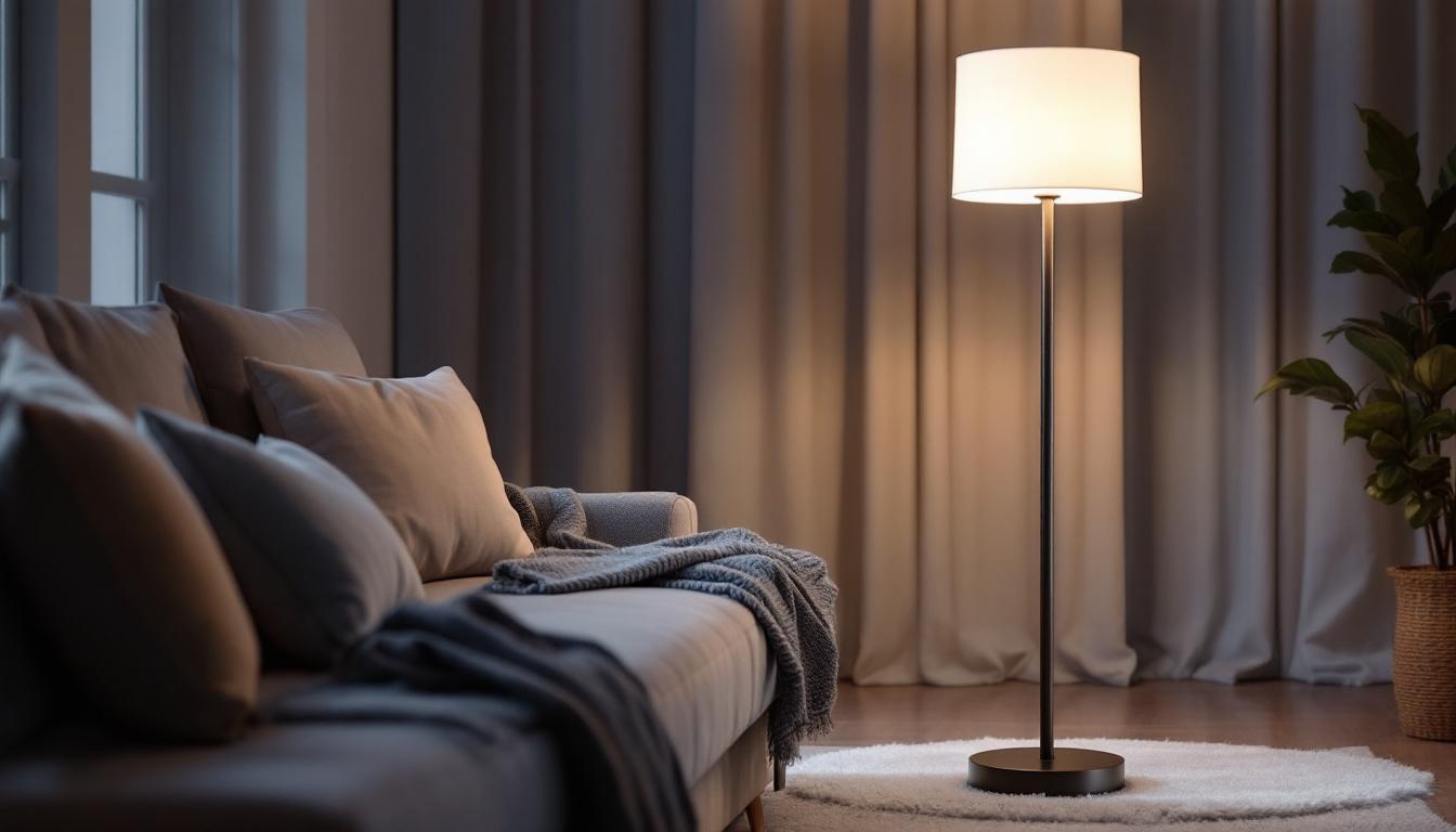 A photograph of a stylish floor lamp in a cozy living room setting
