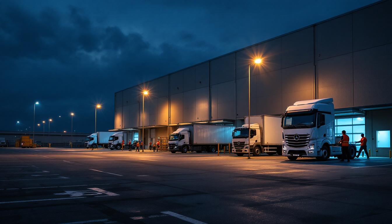 A photograph of a well-lit warehouse parking lot during dusk