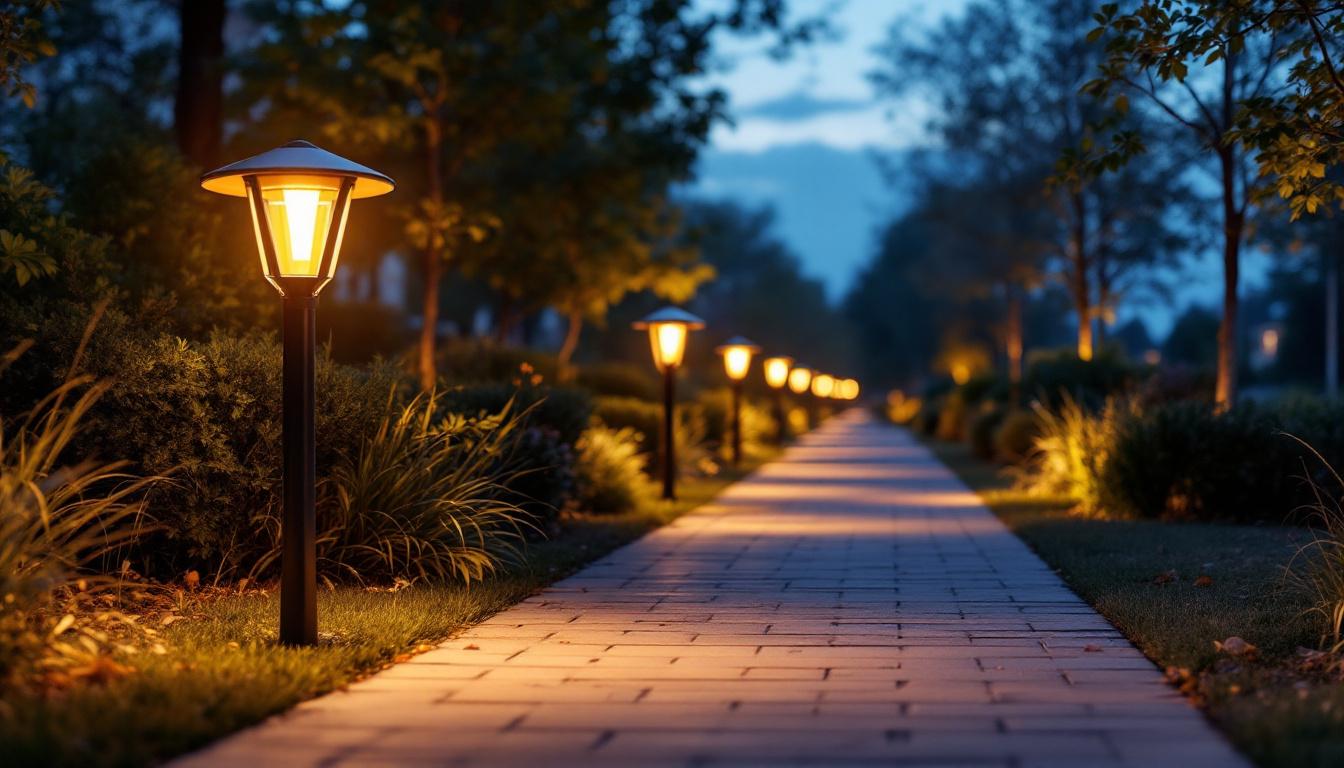 A photograph of a beautifully illuminated walkway featuring stylish path lights that enhance the ambiance and safety of the space