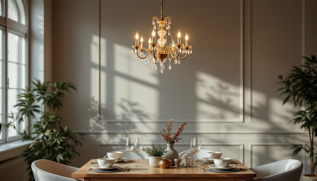 A photograph of a beautifully arranged dining space featuring an elegant chandelier as the focal point