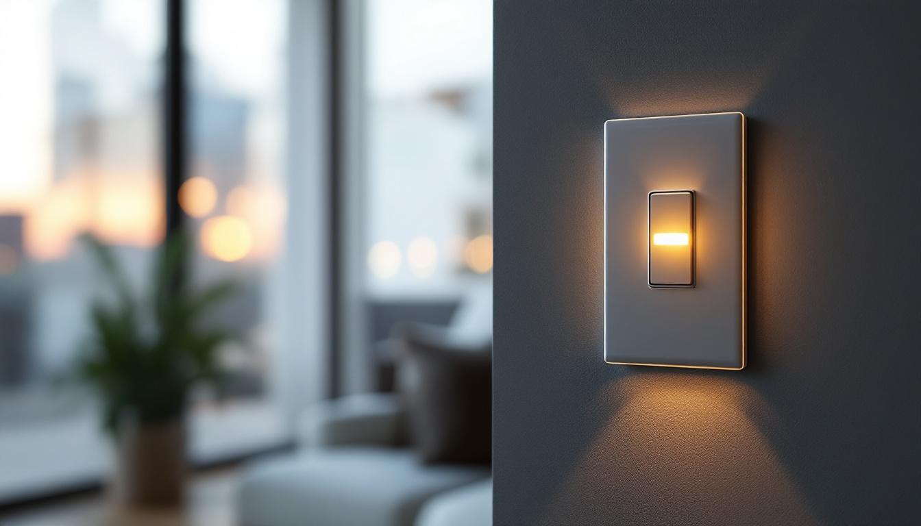 A photograph of a stylish single pole switch with a built-in light