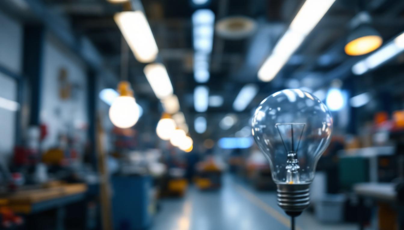 A photograph of a close-up shot of an 8-foot fluorescent light bulb in a well-lit workshop setting