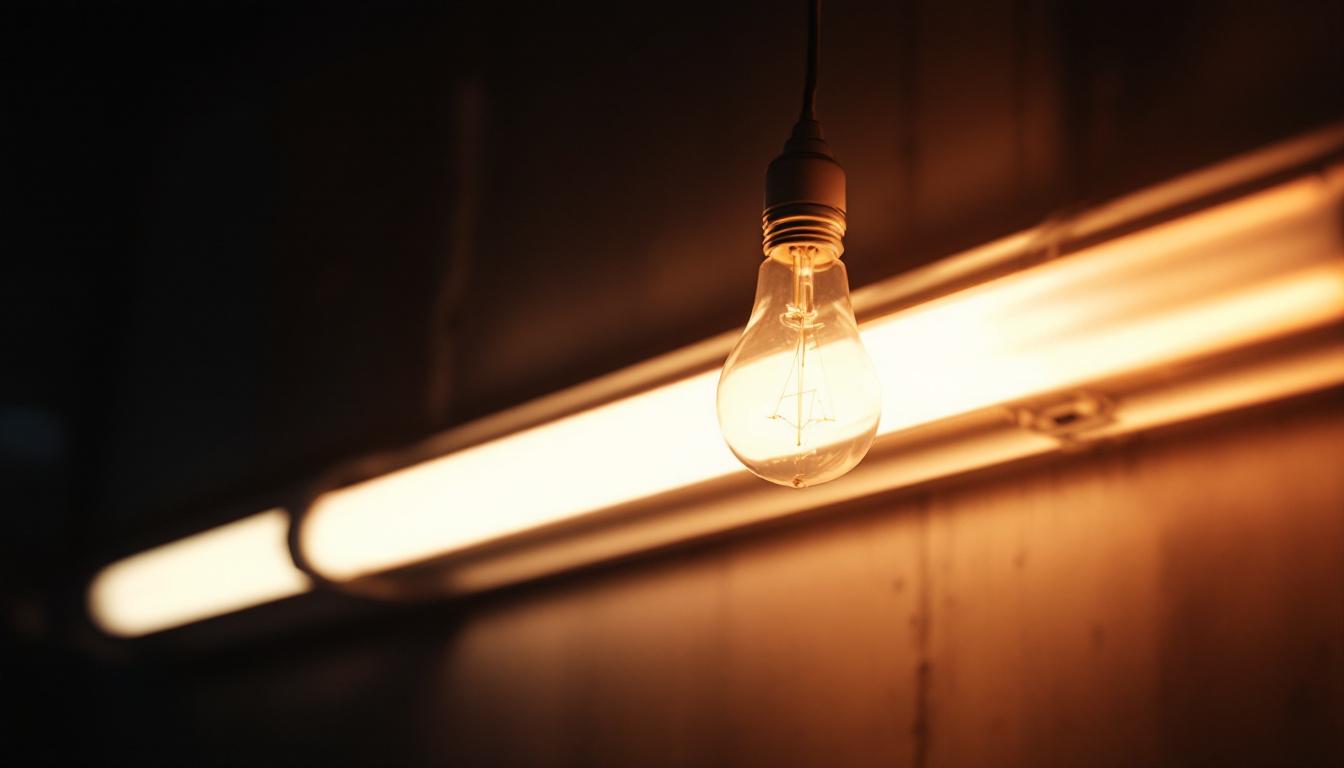 A photograph of a close-up of a fluorescent light bulb illuminated in a dimly lit room