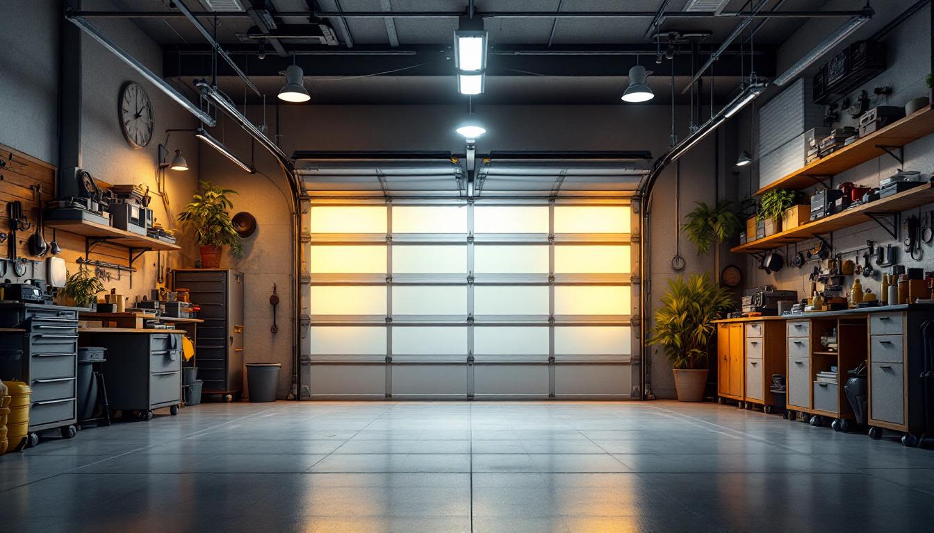 A photograph of a well-lit garage showcasing various lighting options