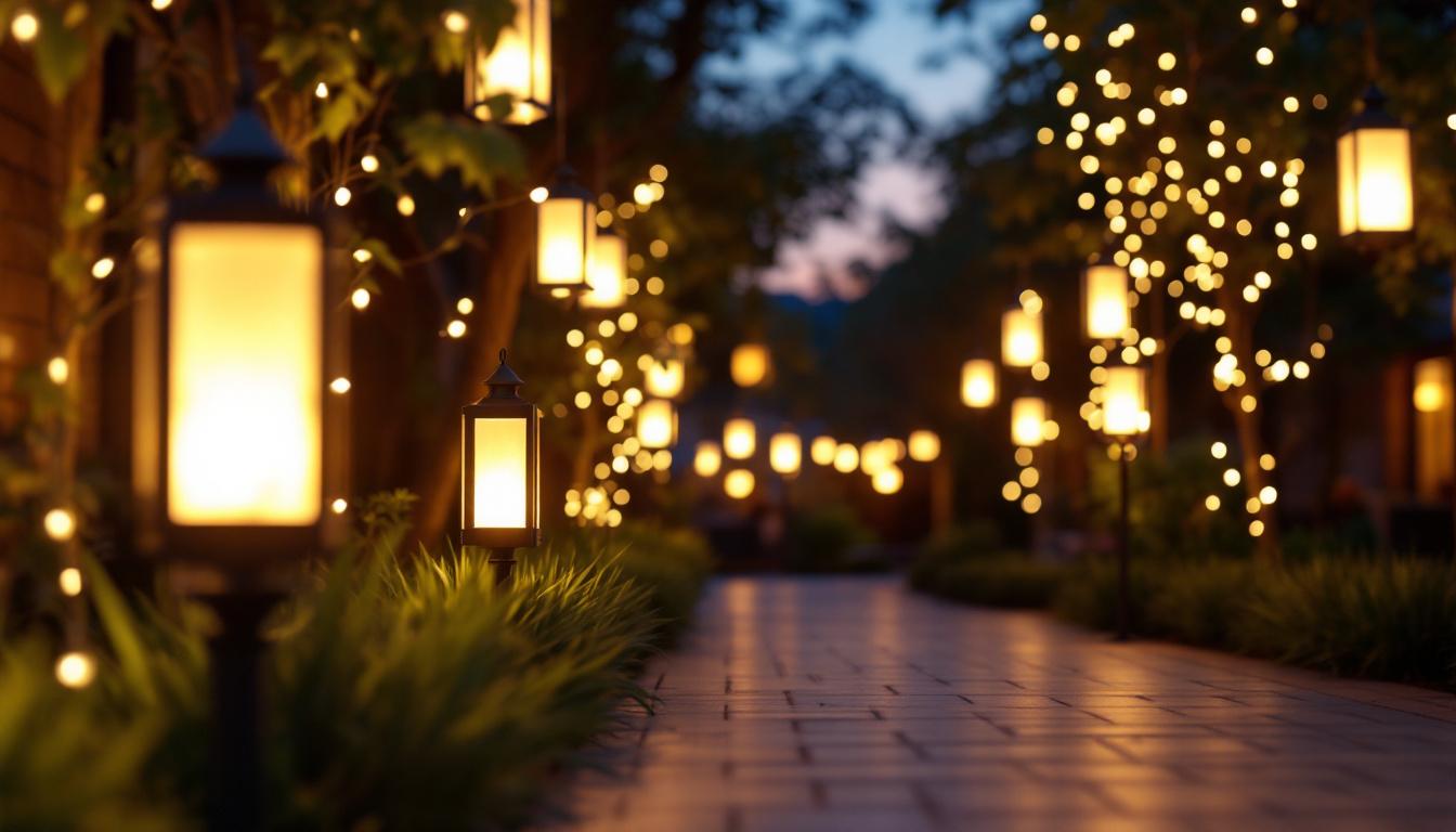 A photograph of a beautifully illuminated outdoor scene featuring led lanterns in various settings