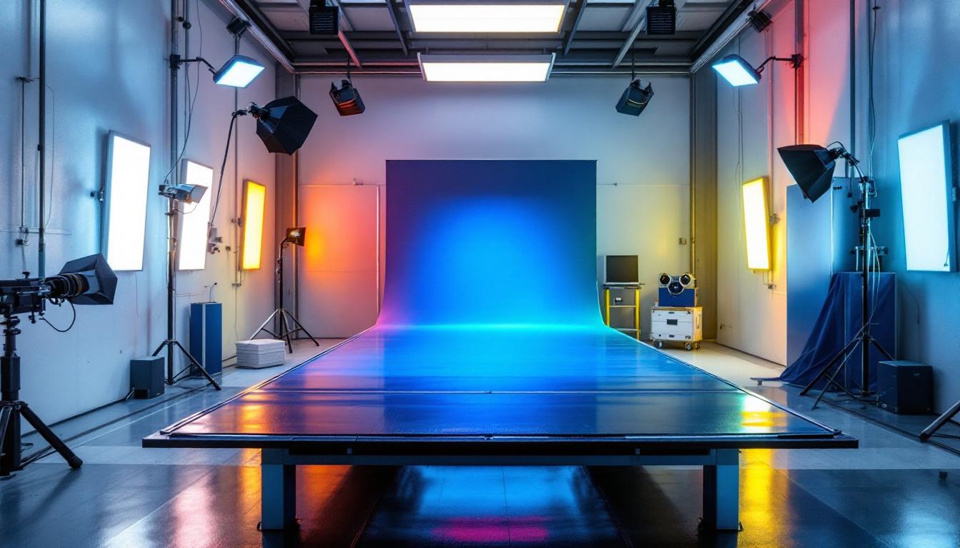 A photograph of a well-lit paint booth showcasing various lighting setups
