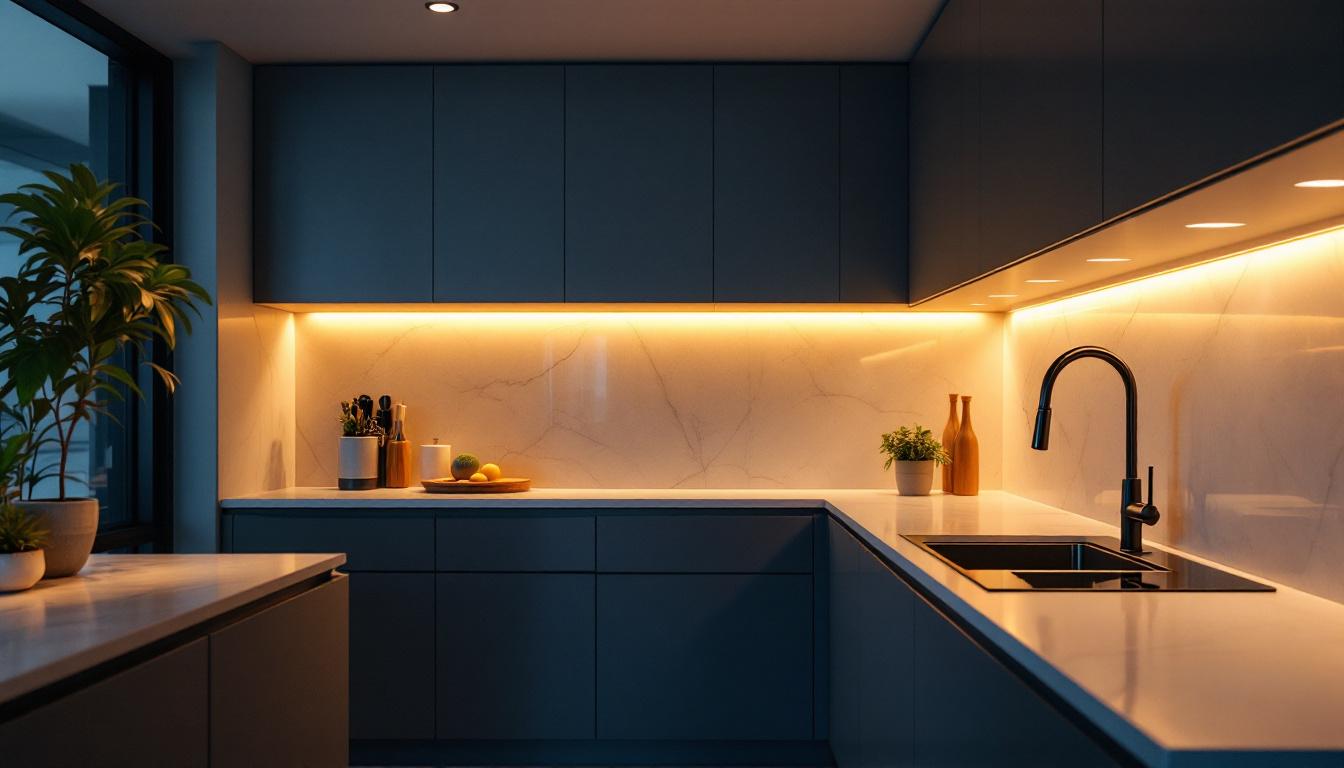 A photograph of a modern kitchen featuring stylish undercounter lighting that highlights the countertops and creates an inviting atmosphere