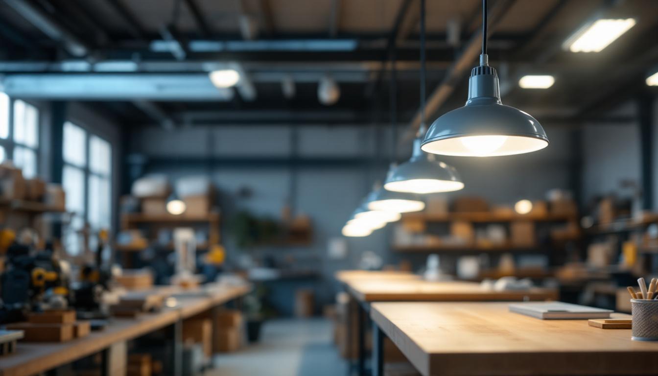 A photograph of a well-lit indoor shop space showcasing a row of led plug-in shop lights illuminating work areas