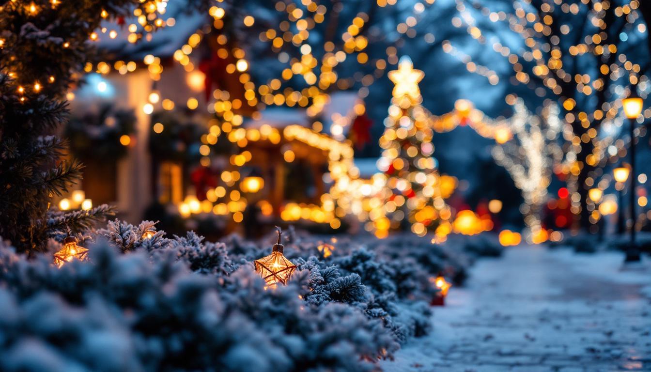 A photograph of a beautifully decorated outdoor scene featuring an array of vibrant christmas lights