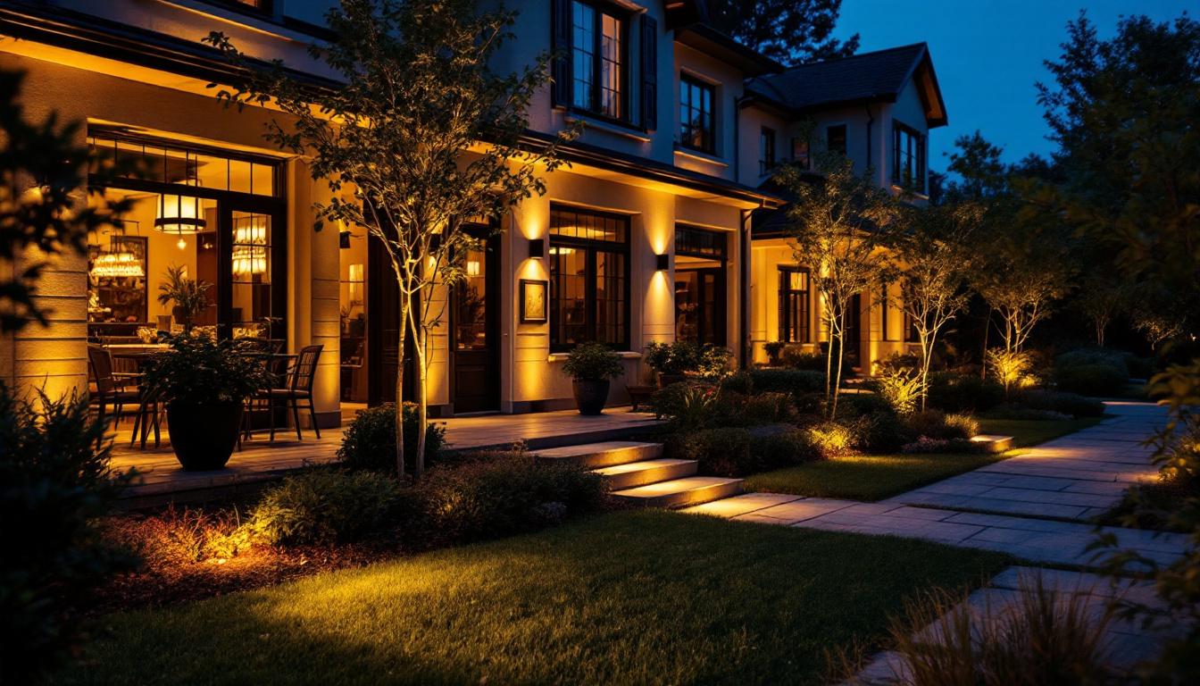 A photograph of a beautifully illuminated outdoor space featuring led accent lighting that highlights architectural elements