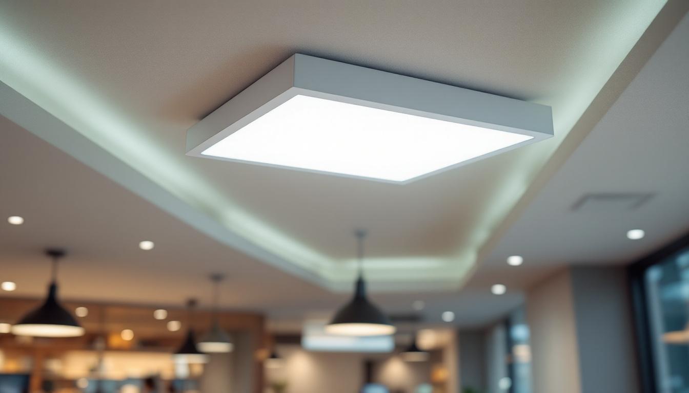 A photograph of a modern ceiling troffer light installation in a commercial space