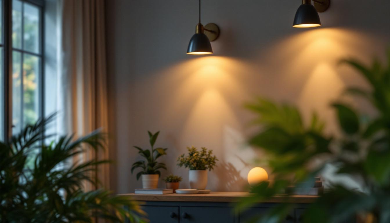 A photograph of a beautifully designed indoor space featuring can light fixtures that emit soft