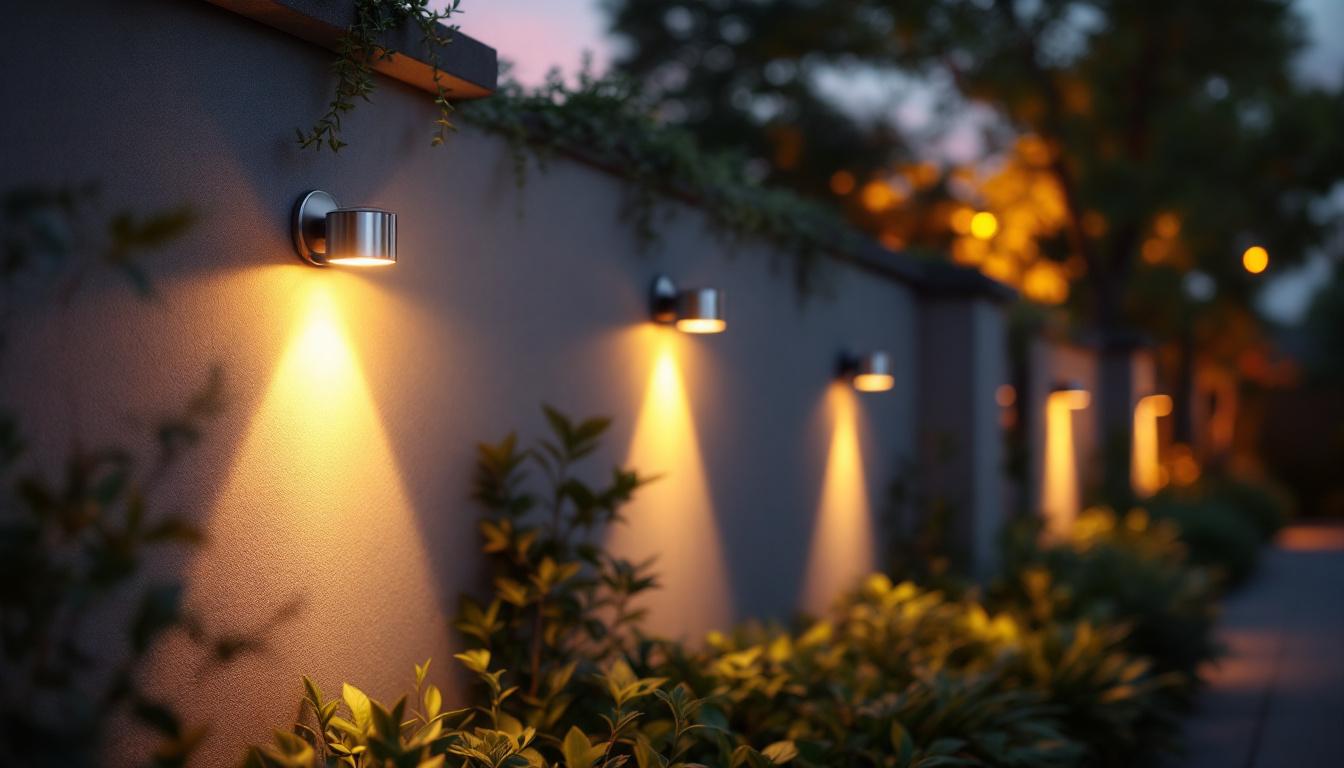 A photograph of a beautifully illuminated outdoor space featuring wall-mounted solar spotlights highlighting landscaping elements