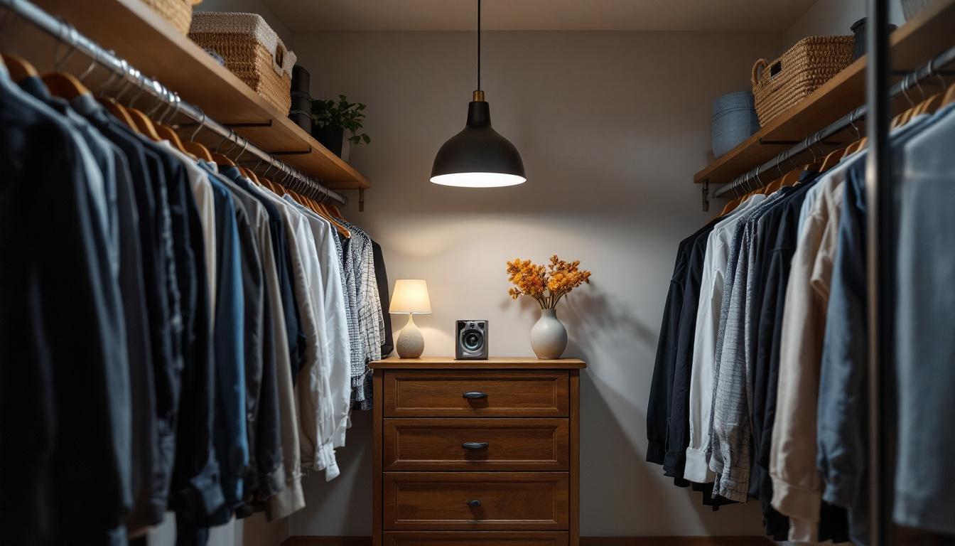 A photograph of capture a photograph of a well-lit closet showcasing different lighting options