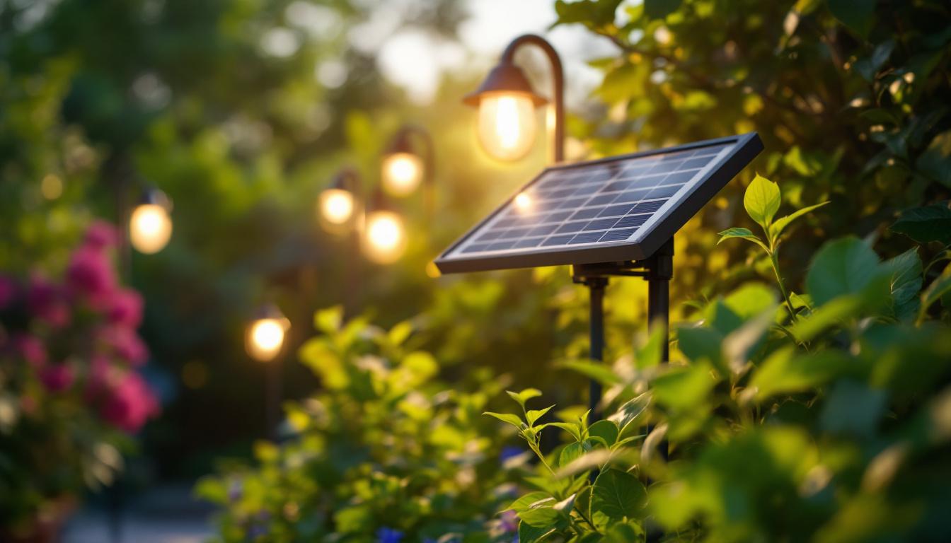 A photograph of a vibrant outdoor scene showcasing a solar-powered lighting installation in use