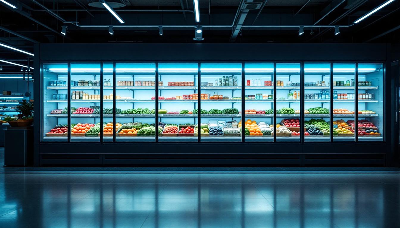 A photograph of a well-lit walk-in cooler showcasing its interior layout
